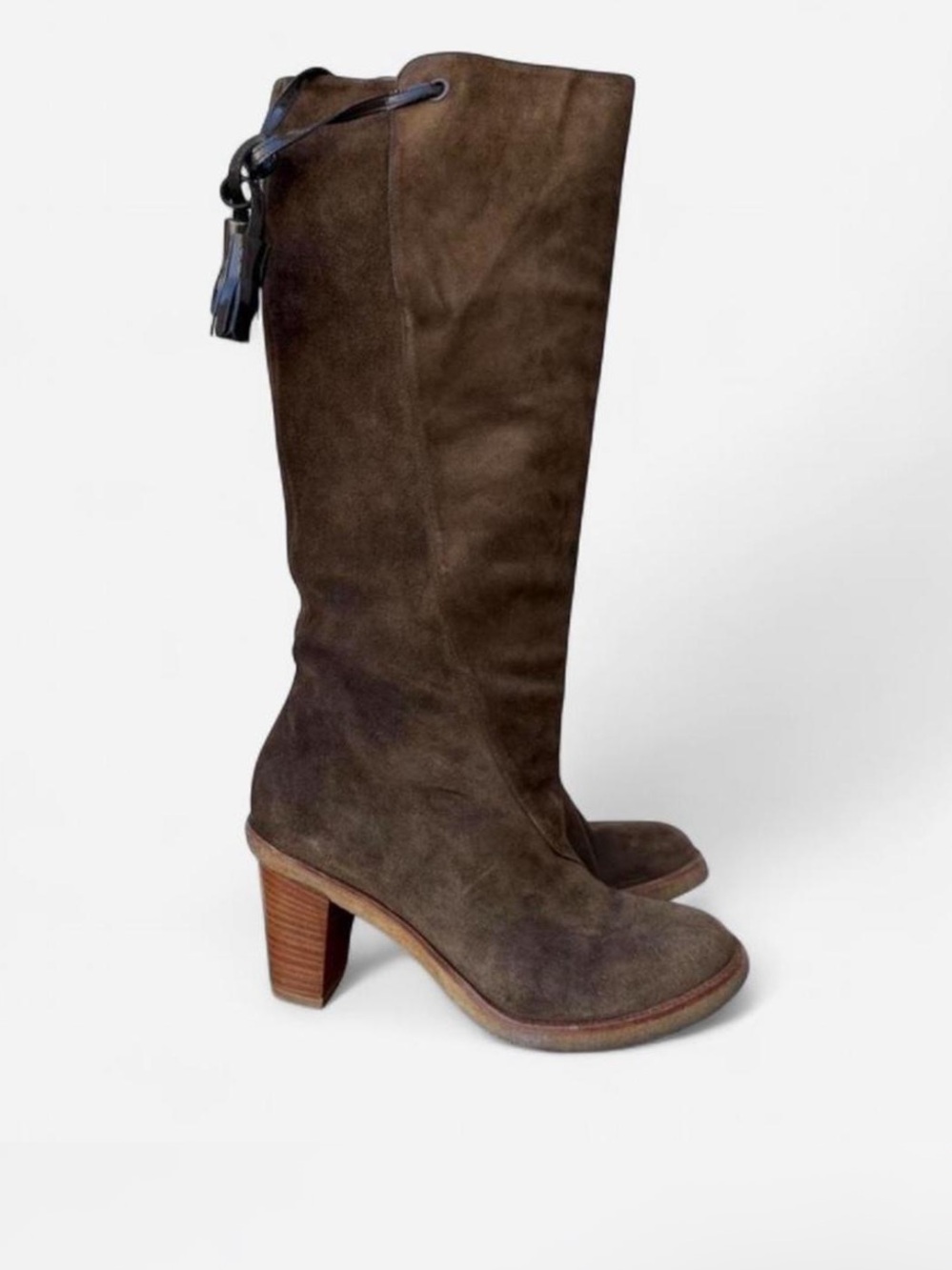 Vintage 80s Olive Green Suede Knee High Boots with Tassel Detail